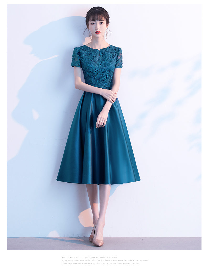 teal bridesmaid dress Teal Green Round Neckline Satin with Lace Wedding Party Dresses, Short – Cutedressy
