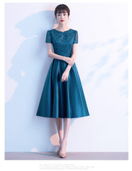Teal Green Round Neckline Satin with Lace Wedding Party Dresses, Short Bridesmaid Dresses