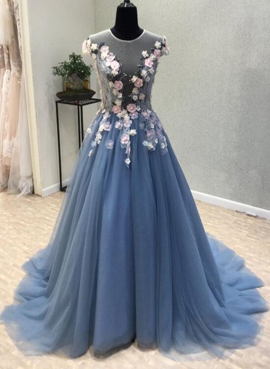 Charming Tulle Floral Gown, Floral Junior Prom Dresses , Formal Dresses, Party Dresses