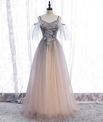 Unique Tulle Gradient Off Shoulder Long Party Dress, Tulle with Lace Prom Dresses