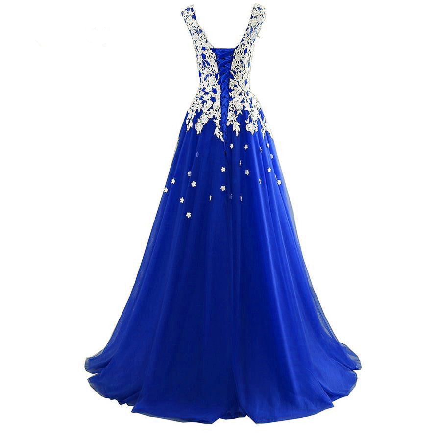 Long Blue Tulle Prom Dresses,White Appliques Princess Dress, Wedding P Cutedressy Long Blue Tulle Prom Dresses,White Appliques Princess Dress, Wedding P Cutedressy
