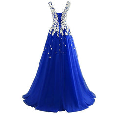Long Blue Tulle Prom Dresses,White Appliques Princess Dress, Wedding Party Dress