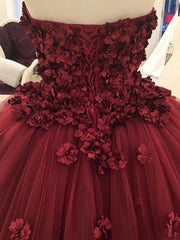 Gorgeous Handmade Tulle Wine Red Ball Gown Formal Dresses with Flowers, Beautiful Party Gowns