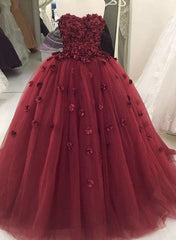 Gorgeous Handmade Tulle Wine Red Ball Gown Formal Dresses with Flowers, Beautiful Party Gowns