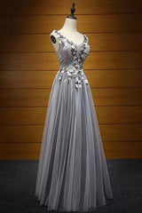Beautiful Grey Scoop Floor length Tulle Prom Dress,Wedding Party Dress