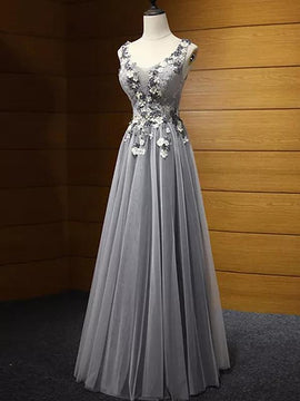Beautiful Grey Scoop Floor length Tulle Prom Dress,Wedding Party Dress