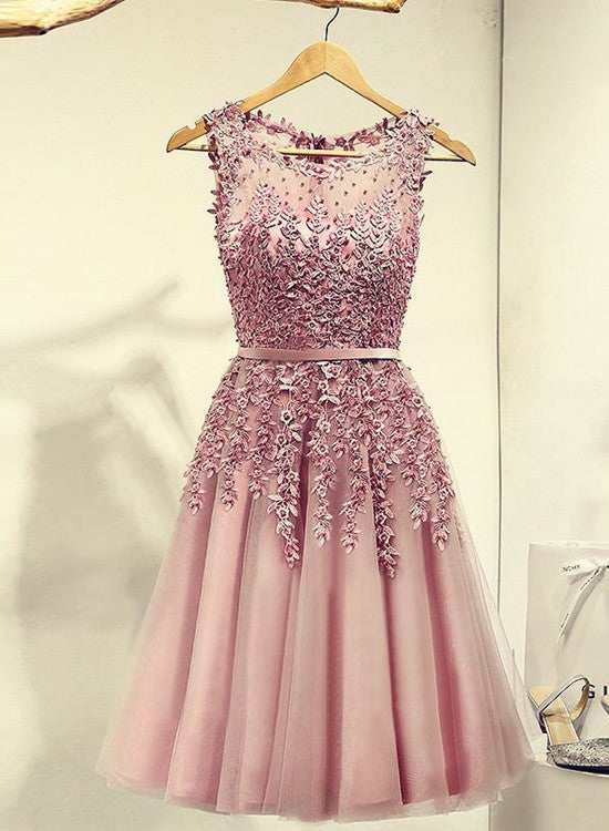 Pink Knee Length Prom Dress, Cute Homecoming Dresses , Tulle Party Dresses