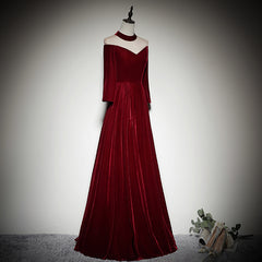 Burgundy Long Sleeves Round Neckline Party Dress, A-line Floor Length Prom Dresses