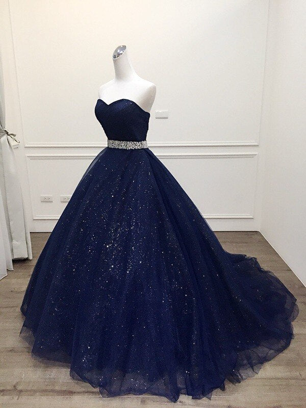 Navy Blue Shiny Tulle Sweetheart Beaded Waist Long Party Dress, Blue F Cutedressy Navy Blue Shiny Tulle Sweetheart Beaded Waist Long Party Dress, Blue F Cutedressy