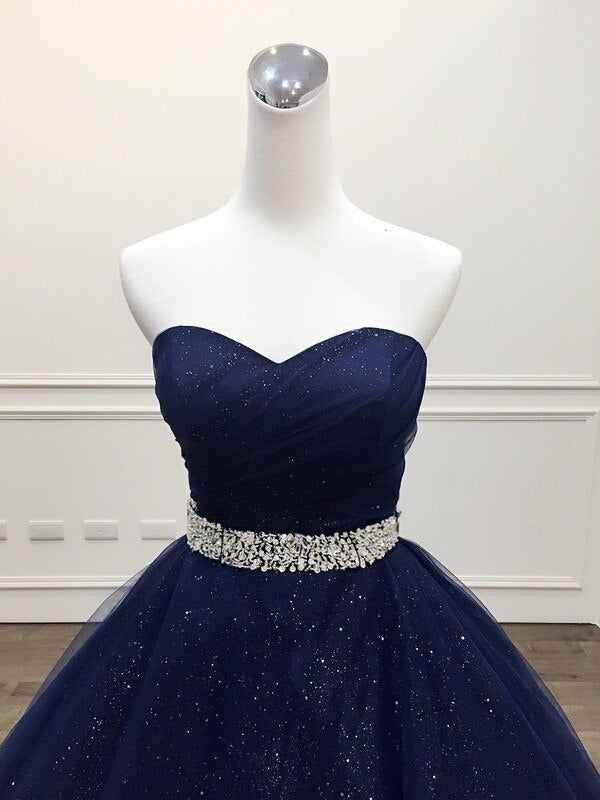 Navy Blue Shiny Tulle Sweetheart Beaded Waist Long Party Dress, Blue Formal Dress Prom Dress