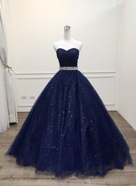 Navy Blue Shiny Tulle Sweetheart Beaded Waist Long Party Dress, Blue Formal Dress Prom Dress