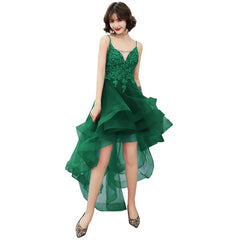 Lovely Dark Green High Low Chic Party Dress Prom Dress, V-neckline Straps Homecoming Dress