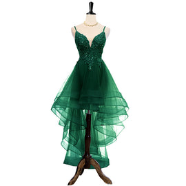 Lovely Dark Green High Low Chic Party Dress Prom Dress, V-neckline Straps Homecoming Dress