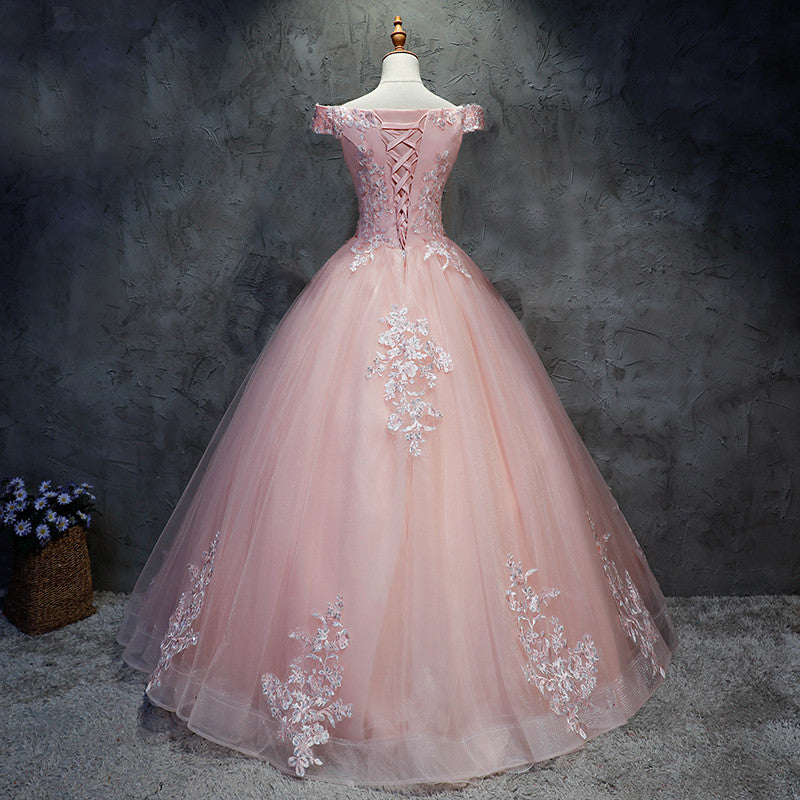 Pink Cap Sleeves Ball Gown Tulle with Lace Sweet 16 Dresses, Long Quinceanera Dresses