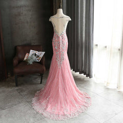 Pink Lace Mermaid Sequins with Lace Applique Party Dress, Pink Long Prom Dress Party Dress
