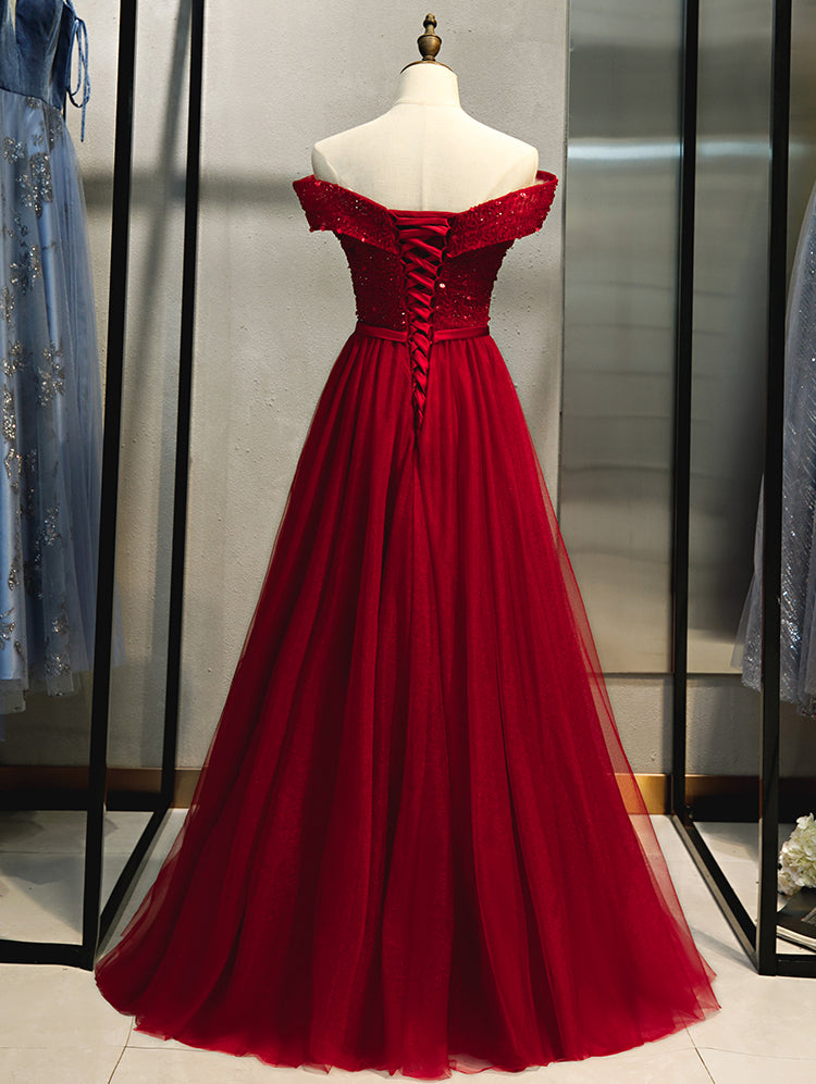 Wine Red Off Shoulder A-line Beaded Sweetheart Prom Dress, Dark Red Evening Dresses
