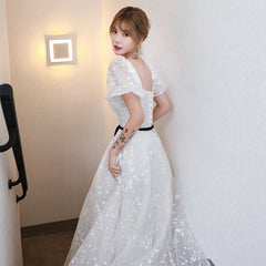 White Lace A-line Short Sleeves Princess Gown Prom Dress, Lace Wedding Party Dresses