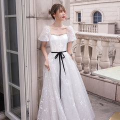 White Lace A-line Short Sleeves Princess Gown Prom Dress, Lace Wedding Party Dresses