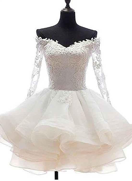 White Off Shoulder Short Organza with Lace Top Graduation Dress, Short Wedding Party Dress