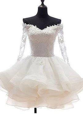 White Off Shoulder Short Organza with Lace Top Graduation Dress, Short Wedding Party Dress