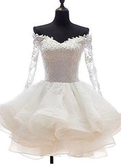 White Off Shoulder Short Organza with Lace Top Graduation Dress, Short Wedding Party Dress