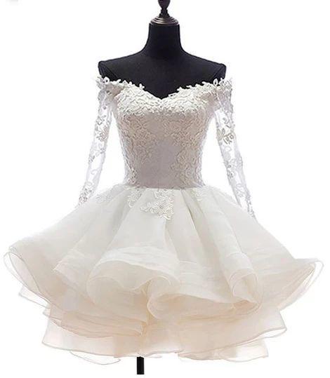 White Off Shoulder Short Organza with Lace Top Graduation Dress, Short Wedding Party Dress