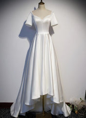 White Simple Beaded Short Sleeves High Low Wedding Party Dress, White Party Dress
