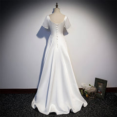 White Simple Beaded Short Sleeves High Low Wedding Party Dress, White Party Dress