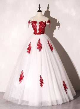 White Tulle Scoop Long Formal Dress with Red Lace, Lovely Red Formal Dress Prom Dress