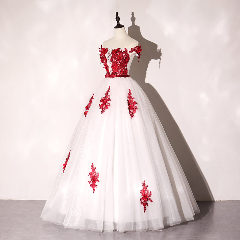 White Tulle Scoop Long Formal Dress with Red Lace, Lovely Red Formal D — free download