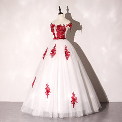 White Tulle Scoop Long Formal Dress with Red Lace, Lovely Red Formal Dress Prom Dress