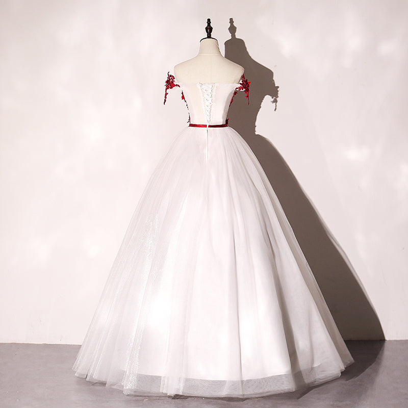 white red dress White Tulle Scoop Long Formal Dress with Red Lace, Lovely Red Formal D – Cutedressy