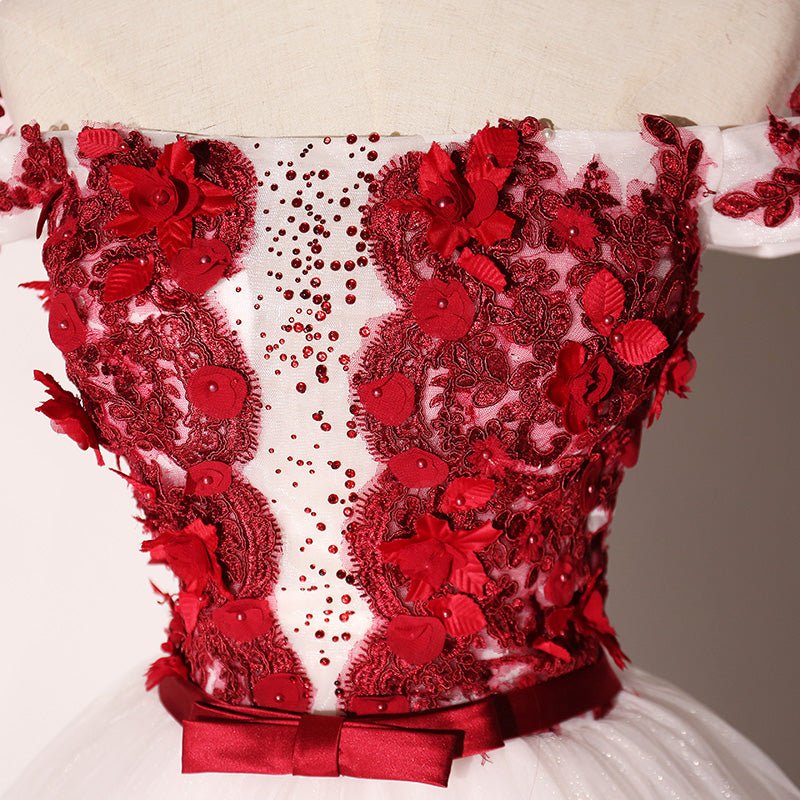 red and white dresses for prom White Tulle Scoop Long Formal Dress with Red Lace, Lovely Red Formal D – Cutedressy