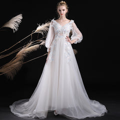 White Tulle V-neckline Long Sleeves Party Dresses with Lace Applique, Wedding Party Dresses