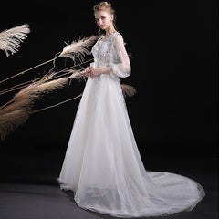 White Tulle V-neckline Long Sleeves Party Dresses with Lace Applique, Wedding Party Dresses