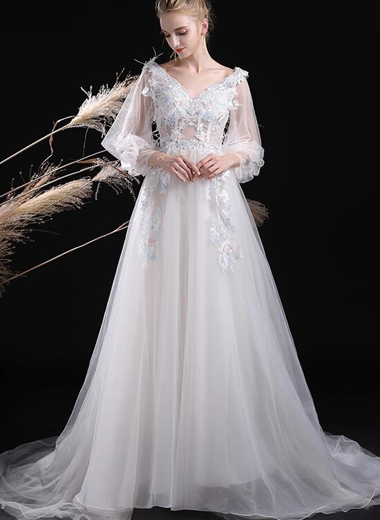 White Tulle V-neckline Long Sleeves Party Dresses with Lace Applique, Wedding Party Dresses