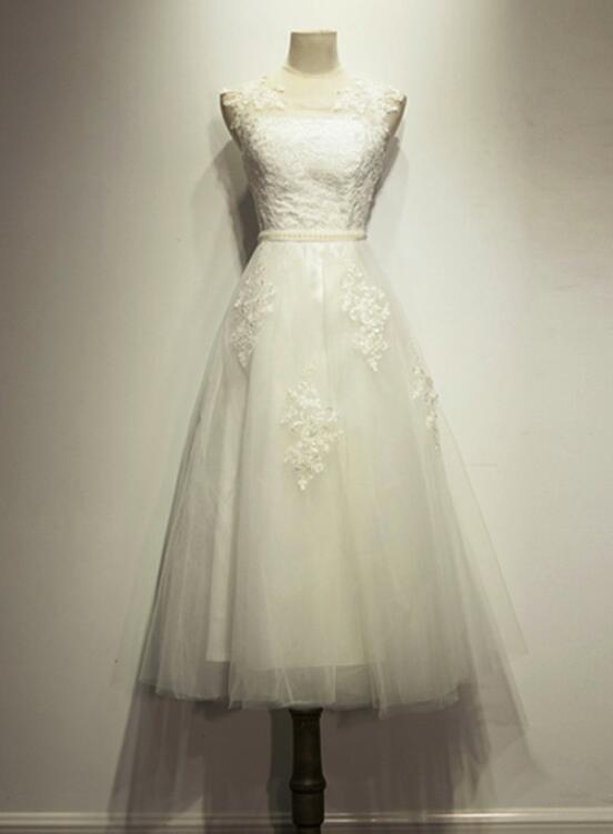 Vintage Handmade White Tea Length Formal Dress, Tulle Party Dress with Applique, Prom Dress