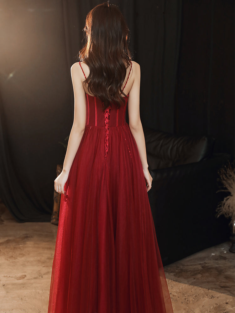 Wine Red Beaded Sweeteart Tulle Straps Long Evening Dress, Wine Red Pr Cutedressy Wine Red Beaded Sweeteart Tulle Straps Long Evening Dress, Wine Red Pr Cutedressy
