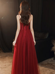 Wine Red Beaded Sweeteart Tulle Straps Long Evening Dress, Wine Red Prom Dresses
