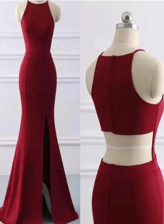 Wine Red Halter Mermaid Long Party Dress with Leg Slit, Sexy Long Formal Dress Evening Dress