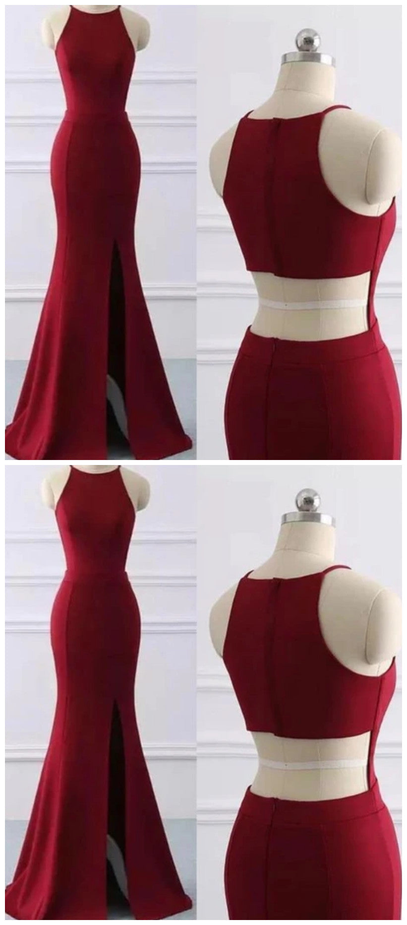 Wine Red Halter Mermaid Long Party Dress with Leg Slit, Sexy Long Formal Dress Evening Dress