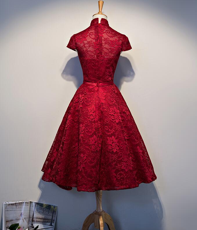 Wine Red Lace Tea Length Wedding Party Dresses, Beautiful Lace Formal Cutedressy Wine Red Lace Tea Length Wedding Party Dresses, Beautiful Lace Formal Cutedressy