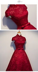 Wine Red Lace Tea Length Wedding Party Dresses, Beautiful Lace Formal Dresses