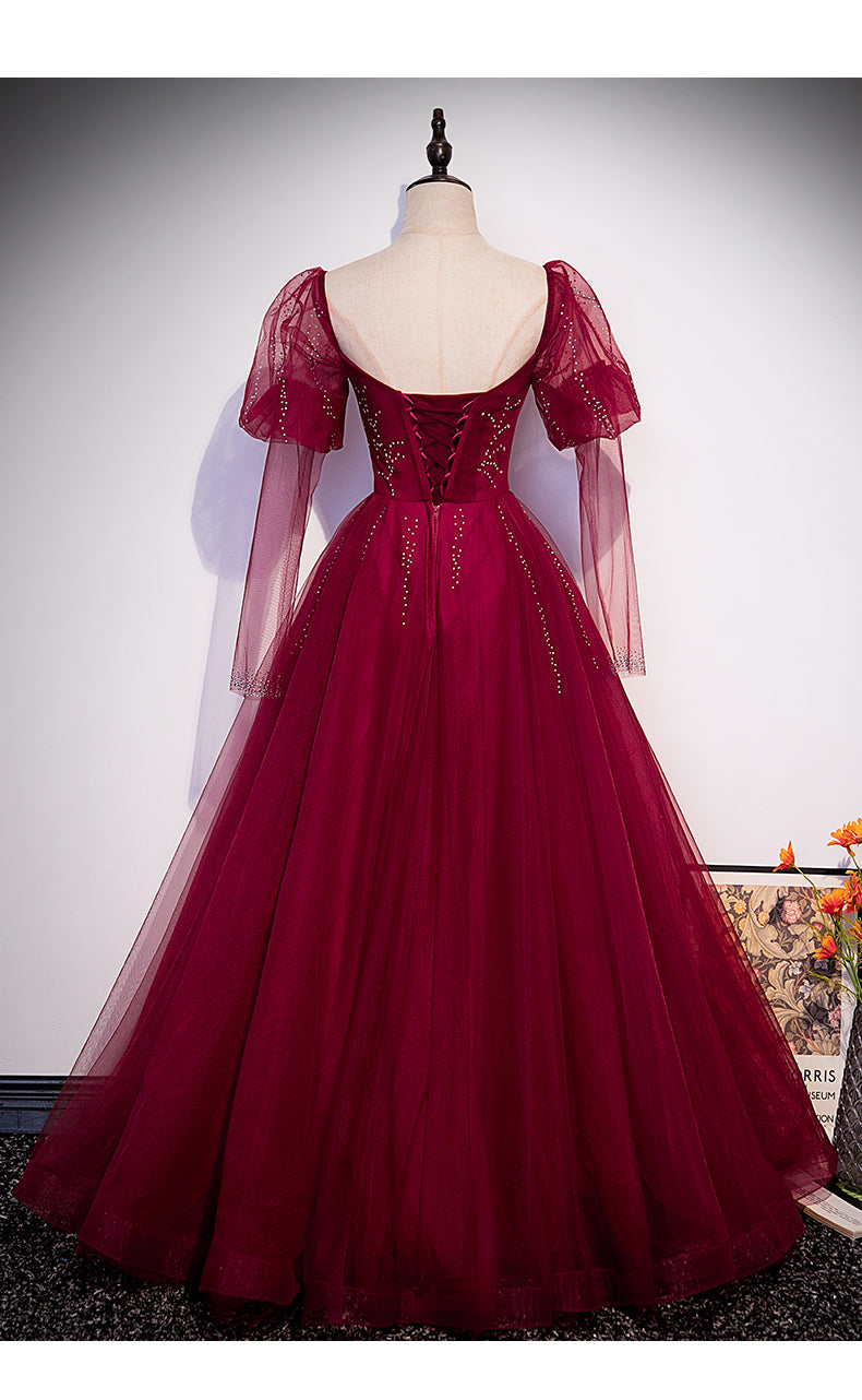 Wine Red Long Sleeves Tulle Evening Gown Prom Dress, Dark Red Beaded Party Dresses