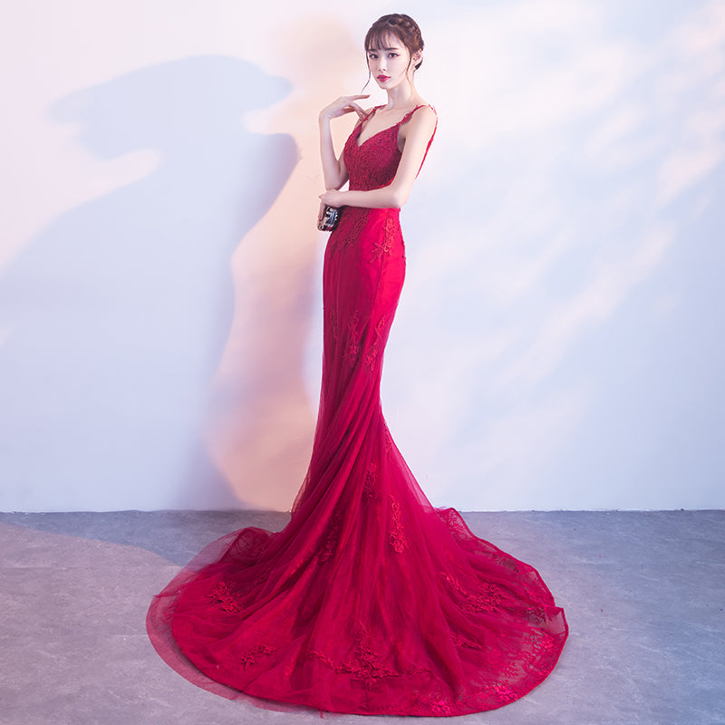 Wine Red Mermaid Tulle with Lace Applique Low Back Party Dress, Dark Red Evening Dresses
