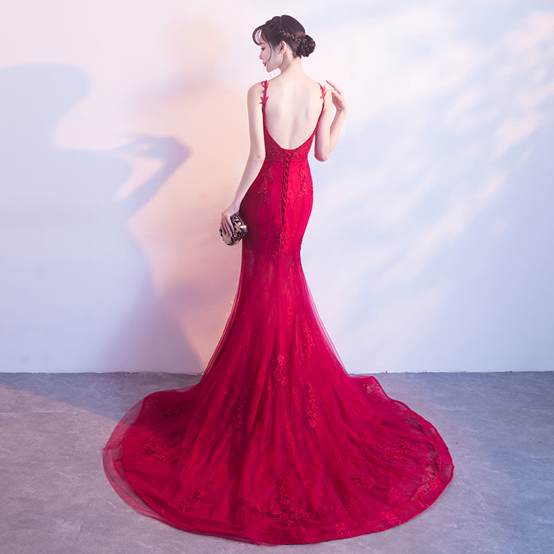 Wine Red Mermaid Tulle with Lace Applique Low Back Party Dress, Dark R Cutedressy Wine Red Mermaid Tulle with Lace Applique Low Back Party Dress, Dark R Cutedressy