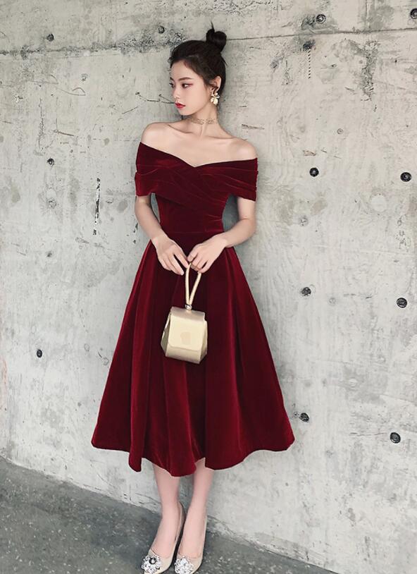 Wine Red Off Shoulder Chic Sweetheart Tea Length Party Dress,Velvet Ev Cutedressy Wine Red Off Shoulder Chic Sweetheart Tea Length Party Dress,Velvet Ev Cutedressy