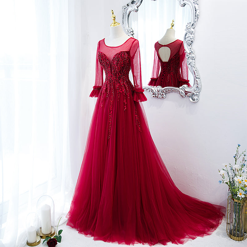 Wine Red Round Neckline Lace Beaded Long Sleeves Party Dress, A-line Wine Red Formal Dress