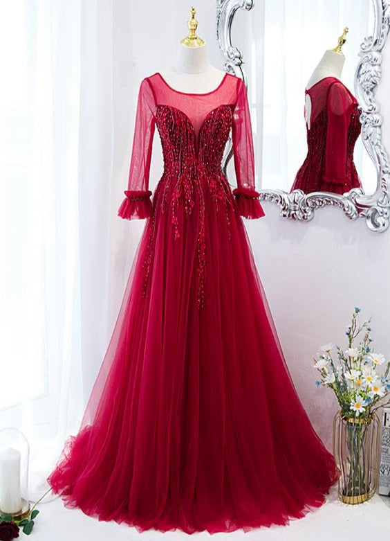 Wine Red Round Neckline Lace Beaded Long Sleeves Party Dress, A-line Wine Red Formal Dress