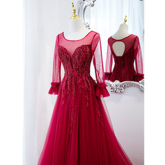Wine Red Round Neckline Lace Beaded Long Sleeves Party Dress, A-line Wine Red Formal Dress
